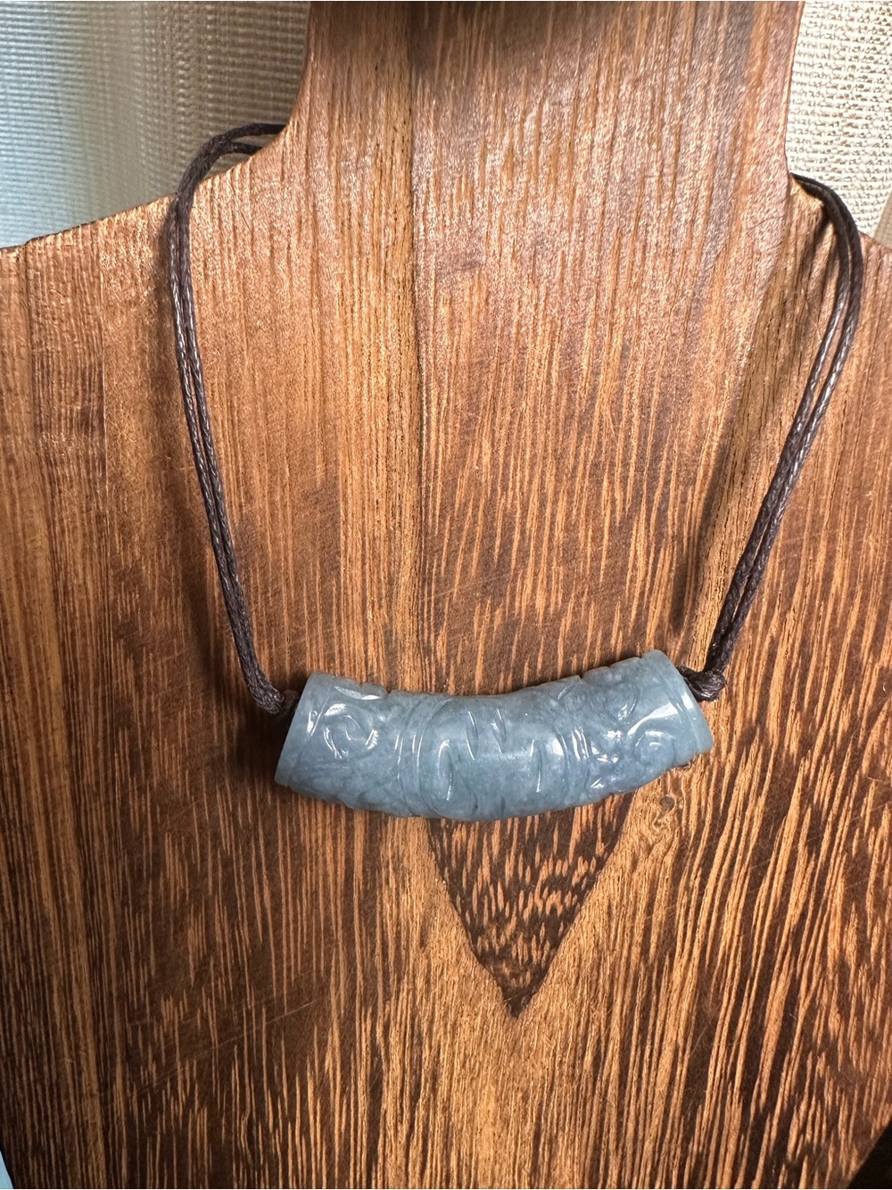 Green Jade Barrel Necklace on Brown Rope - Picture 9 of 16
